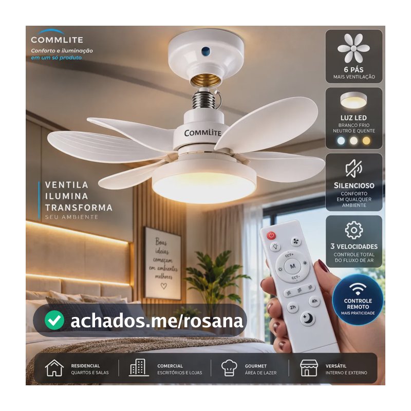 Ventilador de Teto 60W Silencioso Lâmpada Forte com LED, Controle e 6 Pás Soquete E27 Para Residencial Comercial Interno Externo Quarto Sala Cozinha Escritório Gourmet Apartamento Casa - Commlite