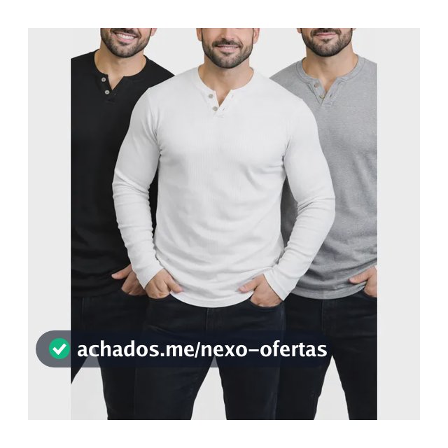 Kit 3 Camiseta Henley Masculina Slim 2 Botões Manga Longa