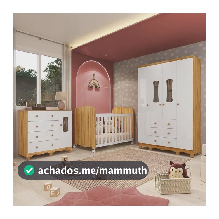 Quarto De Bebê Com Guarda-roupas 4 Portas Janeladas Cômoda Branco Brilho/amêndoa