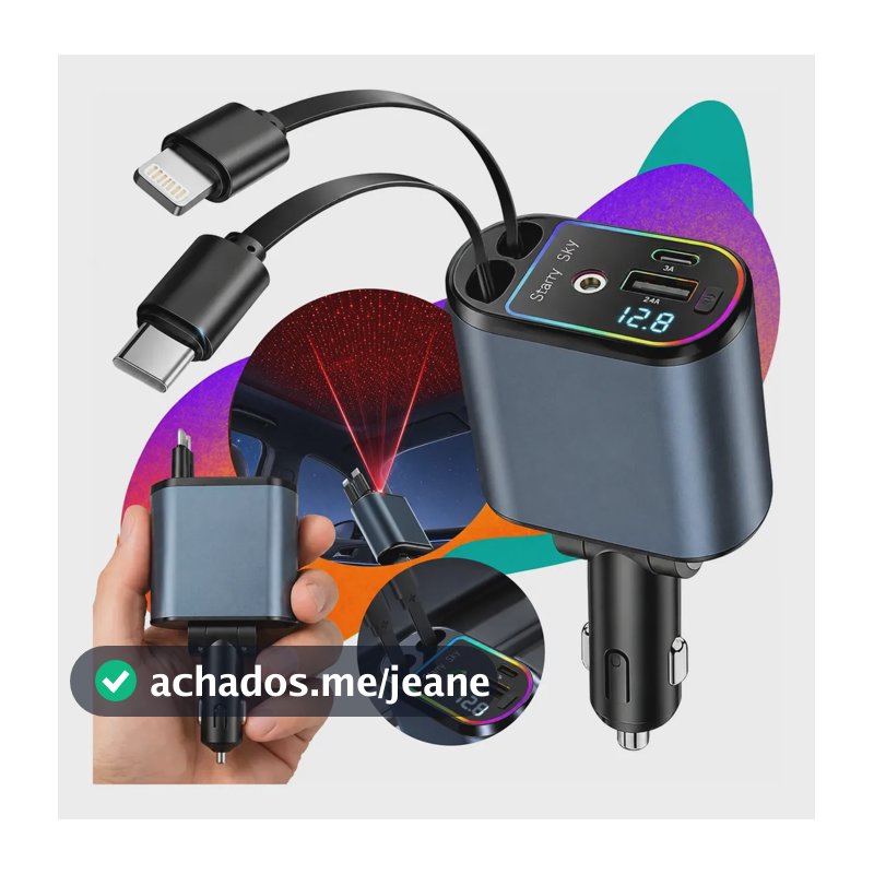 Carregador Veicular Retrátil Turbo 120W 4 em 1 Com 2 Cabos Para Carros Caminhão Carga Rápida Tipo-c E USB Compatível Com iPhone Samsung