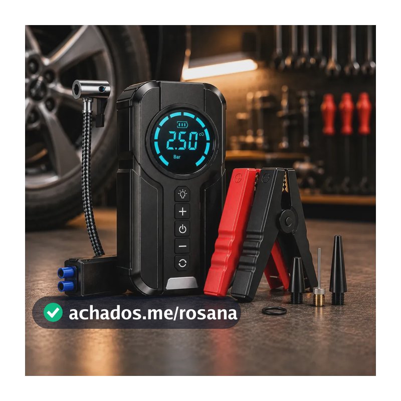 Auxiliar de Partida Carregador Bateria e Compressor de Ar Portátil 6 em 1 Inteligente para Carro, Moto e Bicicleta com Lanterna e Power Bank