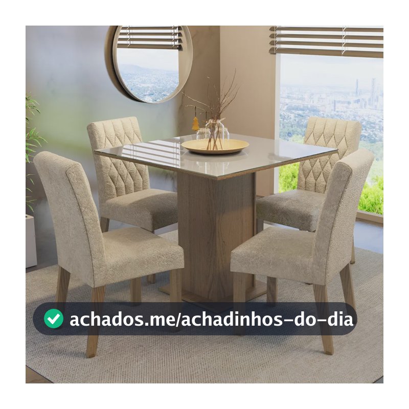Sala Jantar Estofada Mesa Tampo Vidro 4 Cadeiras Madesa Anaju Rci Cor Rustic/Crema/Imperial MDJA0401387GSIM