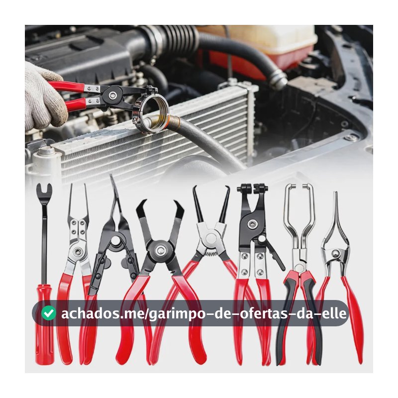 Kit com 8 Alicates de modelos variados para abraçadeira de mangueira, ferramenta profissional automotivo. Perfeito para reparos de veículos, ideal para oficinas e manutenção automotiva.