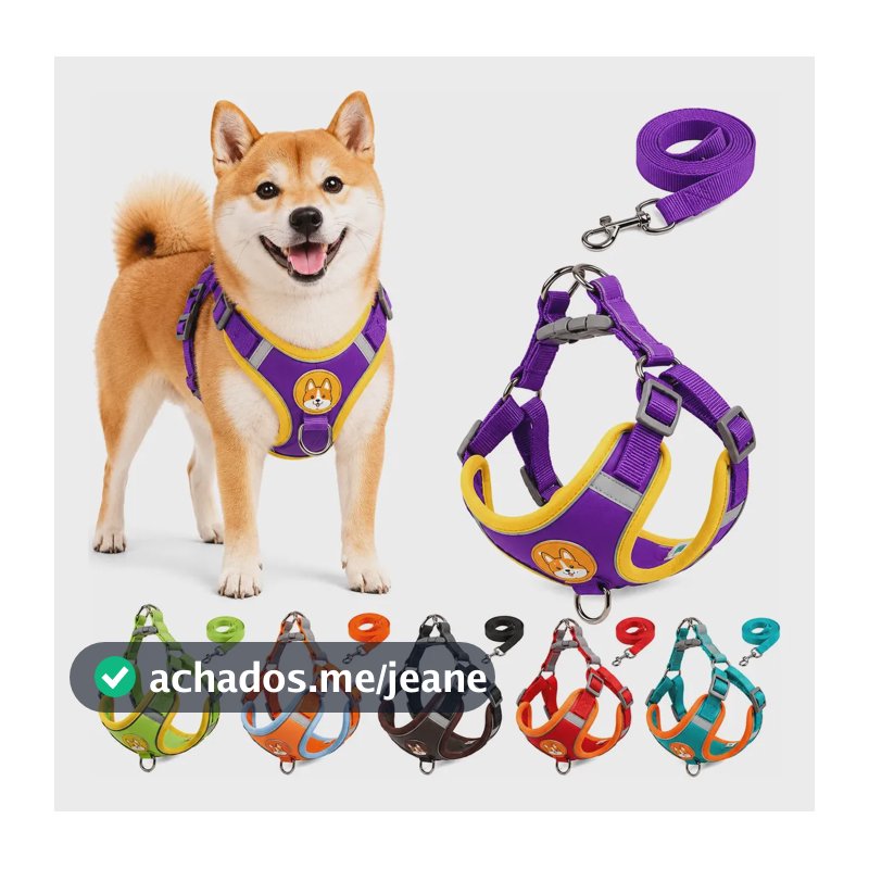Coleira Peitoral Cachorro Gato Com Guia Ajustável Refletiva Roxo Refletivo M 3-6 Kg