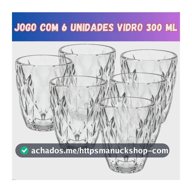 Jogo 6 Copos Vidro Diamante Grosso Resistente Agua 300ml Branco Ms Variedades
