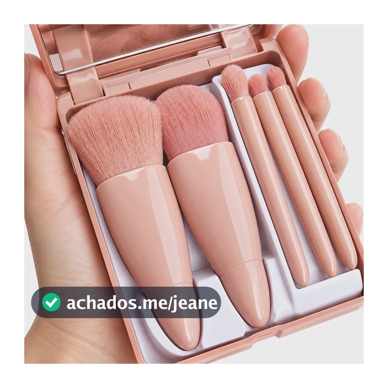 Conjunto Kit Pincel Maquiagem Com Estojo Espelho Viagem Nude Rosa
