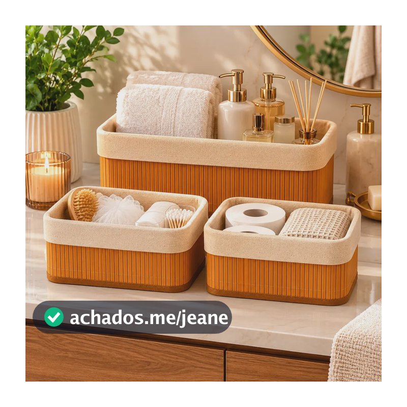 Cesto Organizador Bambu Kit 3 Unidades Decorales Multiuso Cozinha Banheiro Com Forro Premium Armazenamento Objetos Resistente
