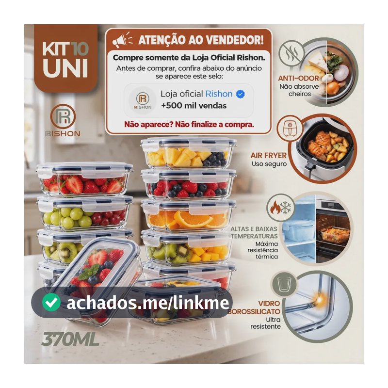 Kit 10 Pote De Vidro Marmita Hermético 370ml Freezer Fitness Rishon