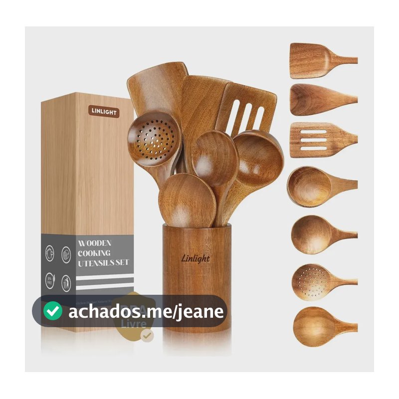 Kit 8 Utensilios Cozinha Madeira Preimium Jogo Colheres Madeira