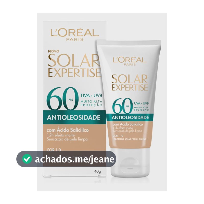 L'Oréal Paris Solar Expertise Antioleosidade, Protetor Solar Facial com FPS 60, 12h de Efeito Matte com Ácido Salicílico, Cor 1.0, 40g