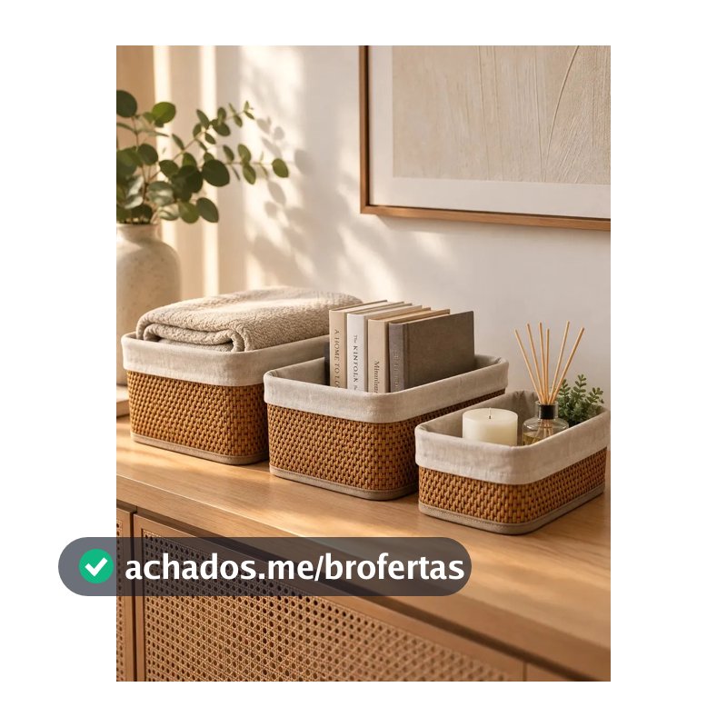Kit 3 Cestos Organizadores Bambu Retangulares com Forro Lavável Multiuso para Banheiro Cozinha Lavanderia