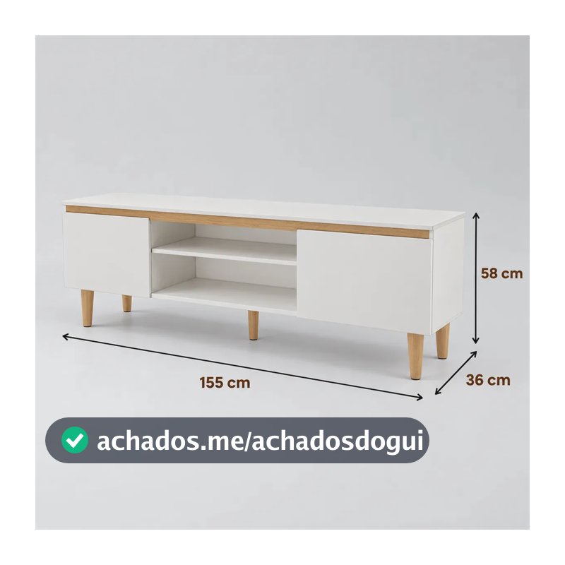Rack Tv 55 Polegadas Estante Para Sala com 2 portas Nicho com Prateleira Madeira com Detalhe em Amadeirado Claro Branco