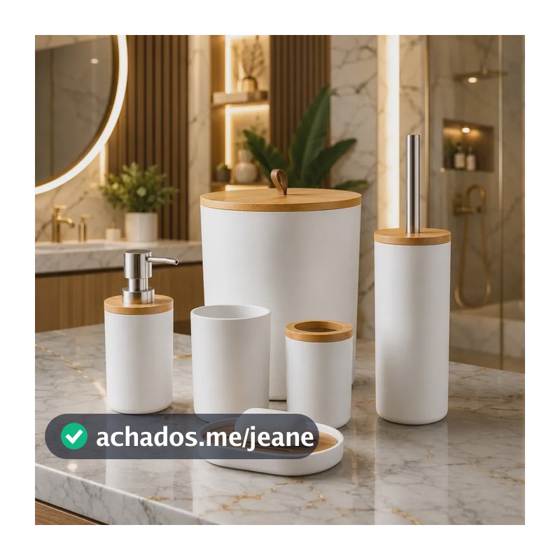 Kit Acessórios Banheiro 6 Peças Lixeira Escova Sanitária Dispenser Sabão Líquido Porta Escova Dente Saboneteira Cor Branco