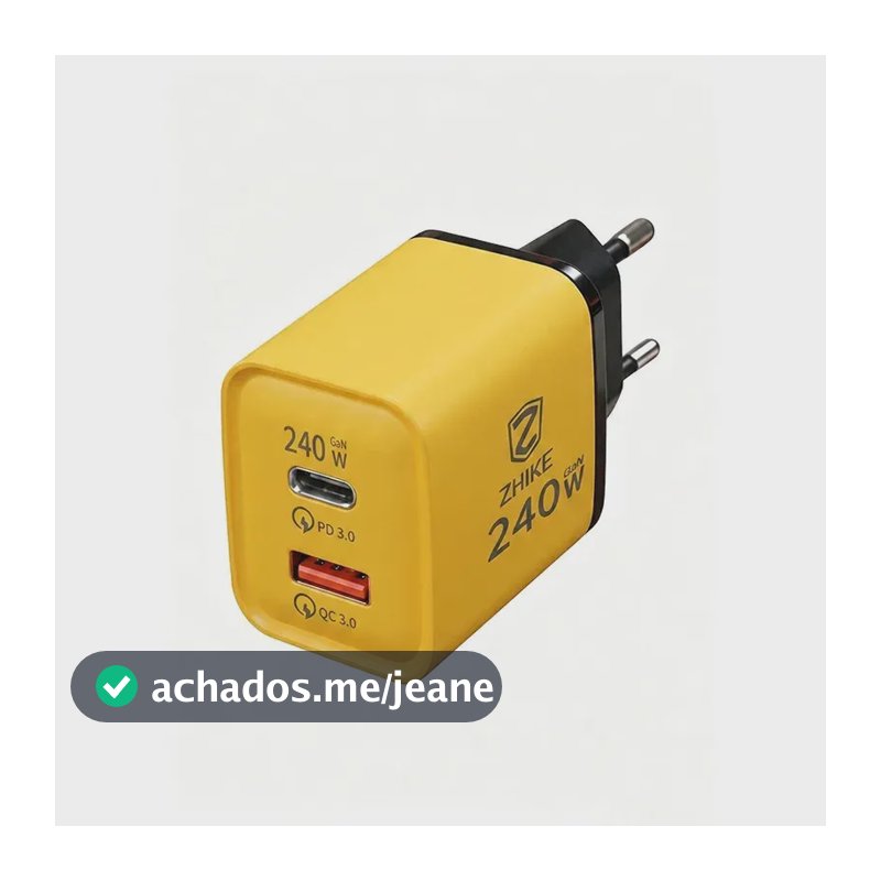 Carregador Parede 240W Turbo GaN Dual Porta USB-C USB-A Super Rápido Bivolt Fosco Amarelo