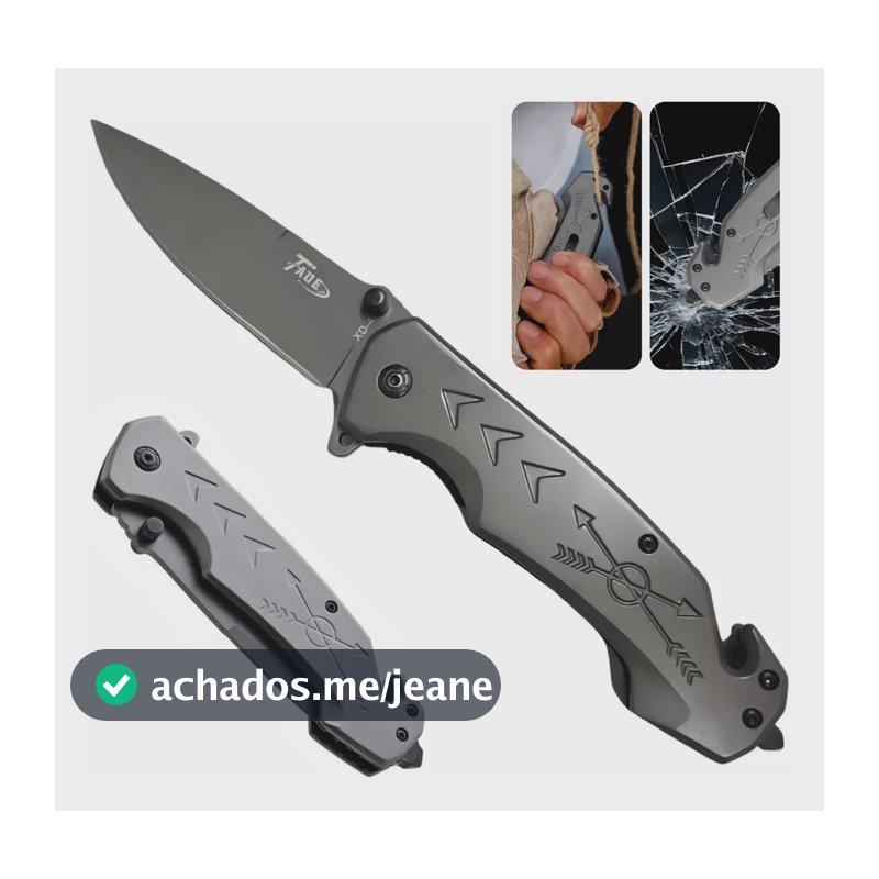 Canivete Tático Taue Semiautomático, Dobrável Com Lâmina de 10cm Inox e Quebra Vidros