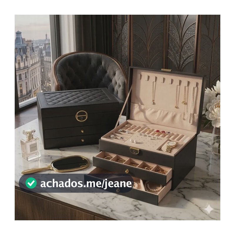 Porta Joias 3 Camadas Couro Caixa De Jóias Feminina Cor Preto