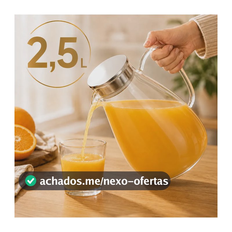 Jarra Vidro Borossilicato 2,5 Litros Tampa Inox Hermética Agua Suco Transparente
