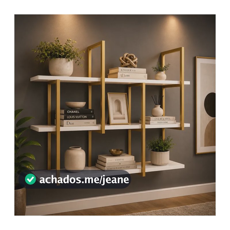 Prateleira Moderna Organizadora Sala Quarto Parede Branco Com Dourado