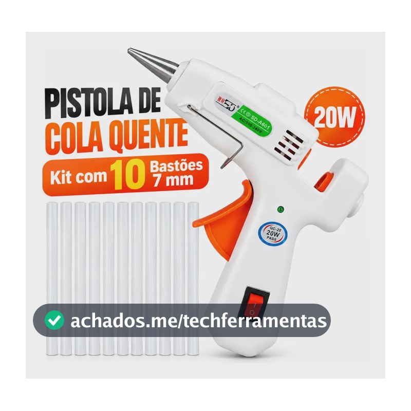Pistola Cola Quente 20w - Com 10 Bastões Bico Fino Bastão 7mm Botão Liga e Desliga - Apliador de Cola Artesanato Cor Branco 127/220v Bivolt Lar das Fitas