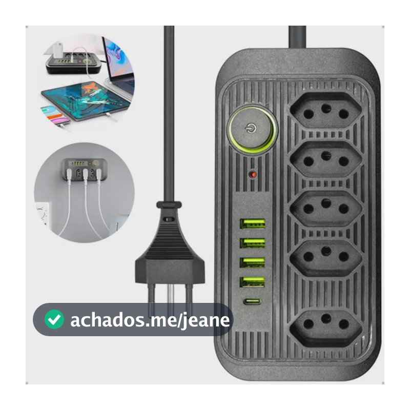 Filtro De Linha Extensão Régua Elétrica 2 Metros 5 Tomadas 4 Usb 1 Usb-c Bekcommerce