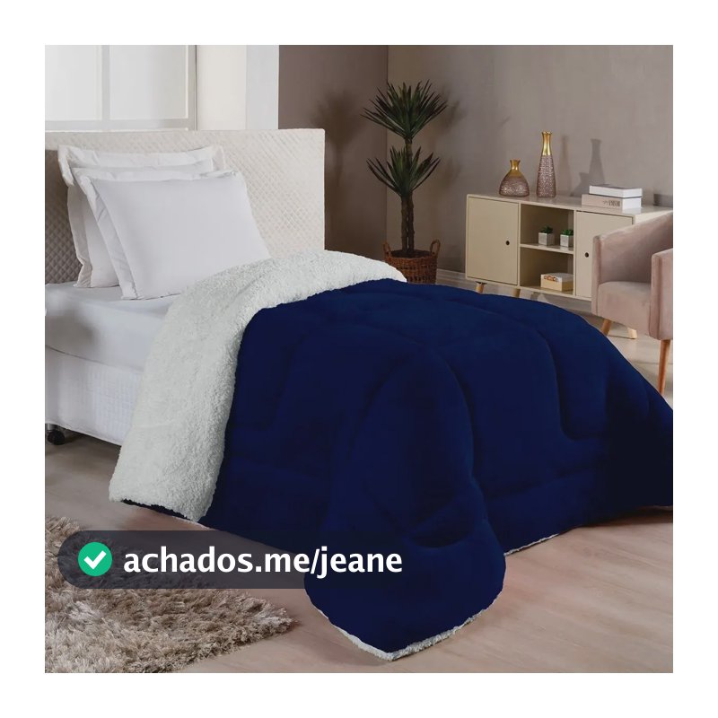 Cobertor Edredom Com Sherpa Pele De Carneiro Coberdrom Solteiro Liso Quentinho Casa Laura Enxovais Azul Marinho