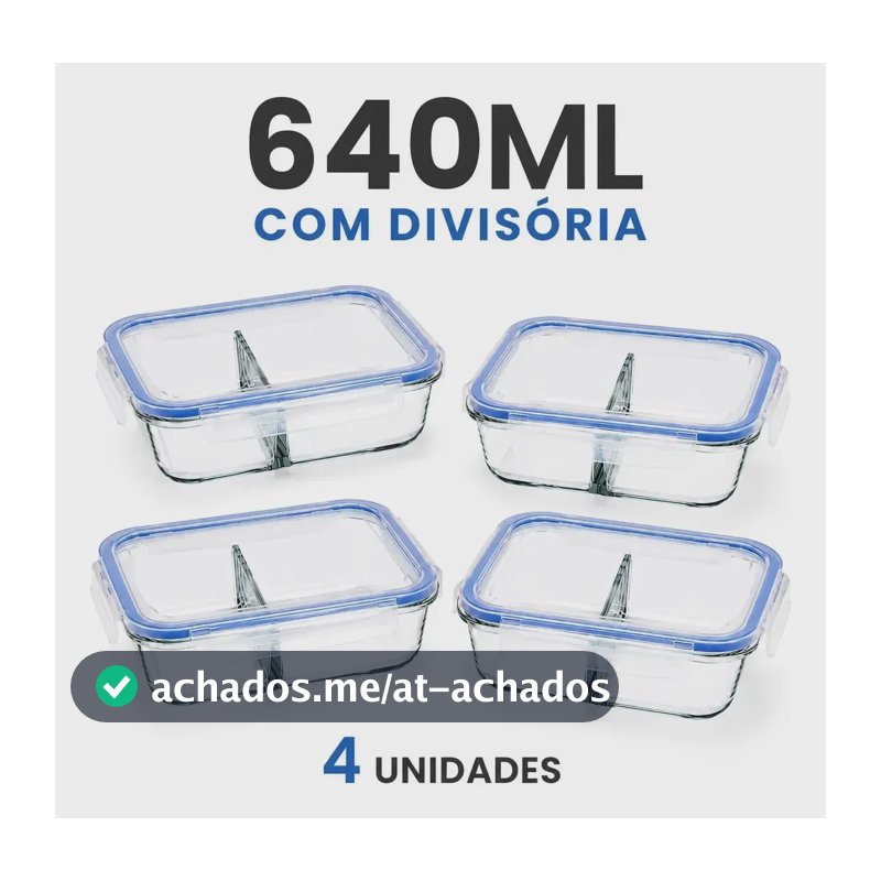Conjunto 4 Potes Hermético Vidro 640ml C/ Divisória Marmita Transparente