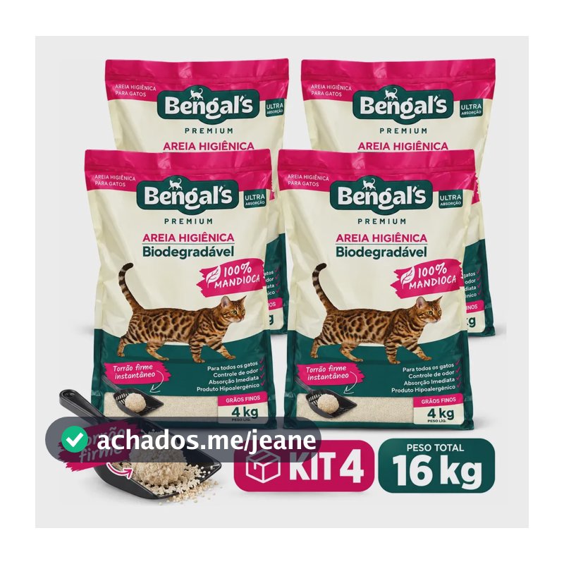 Kit 4 Areia Higiênica Biodegradável Gato Mandioca Fina 4kg