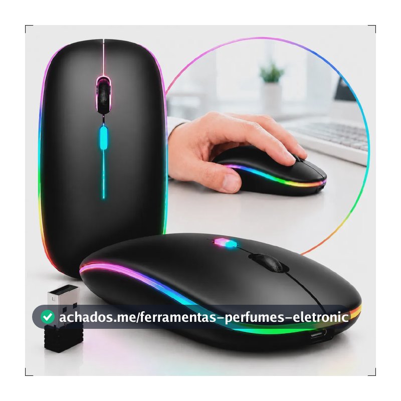 Mouse Sem Fio Recarregável Wireless Bluetooth Optico Led Rgb Ergonômico Para Pc Desktop Notebook Tablet Smartphone Preto