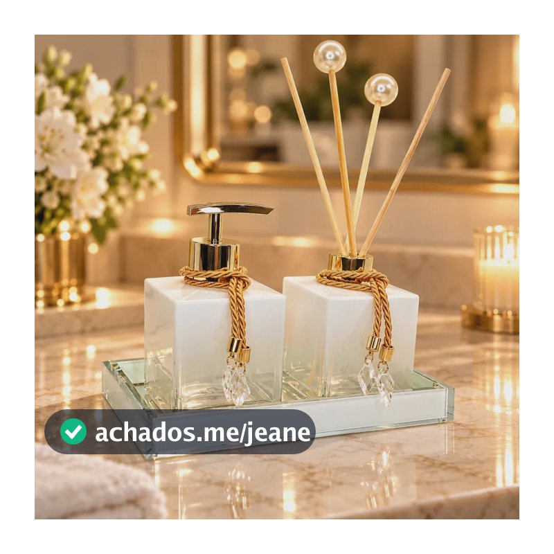Kit Lavabo Sofisticado C/ Porta Aromatizador E Bandeja Cor Branco Degradê C/ Dourado