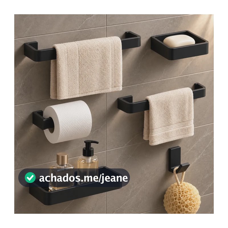 Kit Acessórios Para Banheiro Lavabo PROMOUNT Cabide Toalheiros Papeleira 6 Peças Quadrado Aço Inoxidavel Premium - Preto