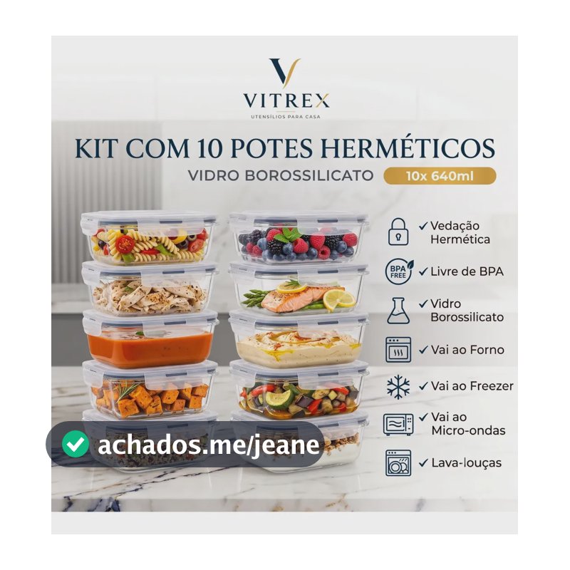 Kit 10 Pote De Vidro Marmita Hermético 640ml Freezer Fitness Vitrex