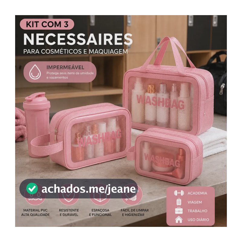 Kit 3 Necessaire Estojo De Toalete Organizador De Malas Kit Maternidade Cosméticos Shampoo Impermeável Ideal Para Áreas Molhadas Viagens Trabalho Academia Material PVC Qualidade Tche Amo Cor Rosa
