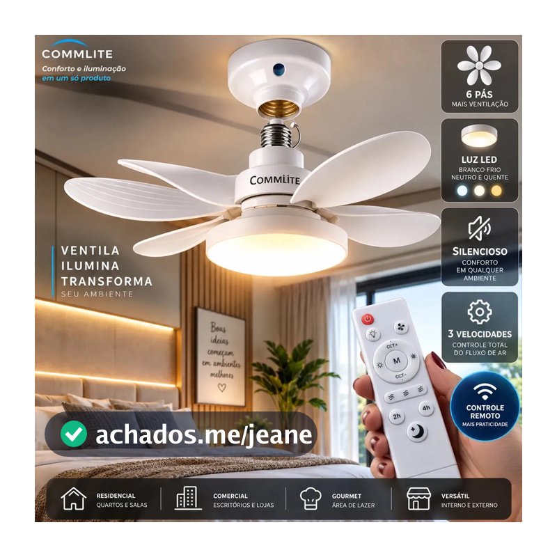Ventilador de Teto 60W Silencioso Lâmpada Forte com LED, Controle e 6 Pás Soquete E27 Para Residencial Comercial Interno Externo Quarto Sala Cozinha Escritório Gourmet Apartamento Casa - Commlite