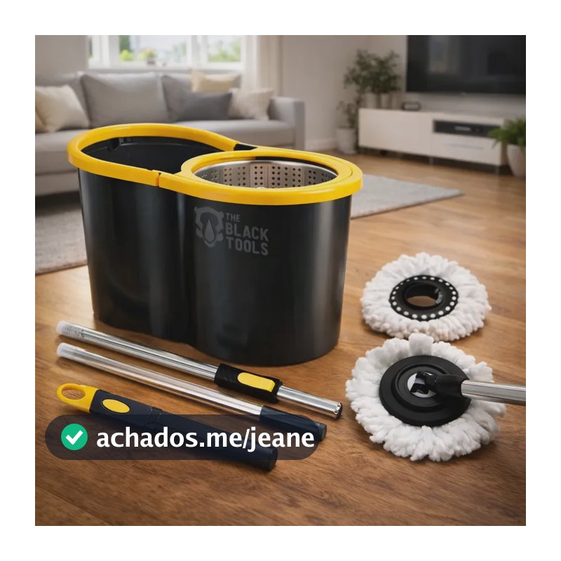 Mop Esfregão Giratório The Black Tools Balde Inox 8 Litros + Refil Microfibra + Cabo Longo 1,4 Metros