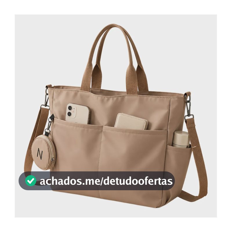 Bolsa Feminina Grande Alça Ombro E Transversal Impermeável Cáqui Tecido Oxford