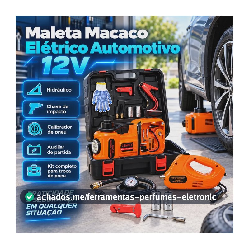 Kit Macaco Elétrico Hidráulico Automotivo 12v Com Calibrador De Pneus E Auxiliar De Partida Bateria