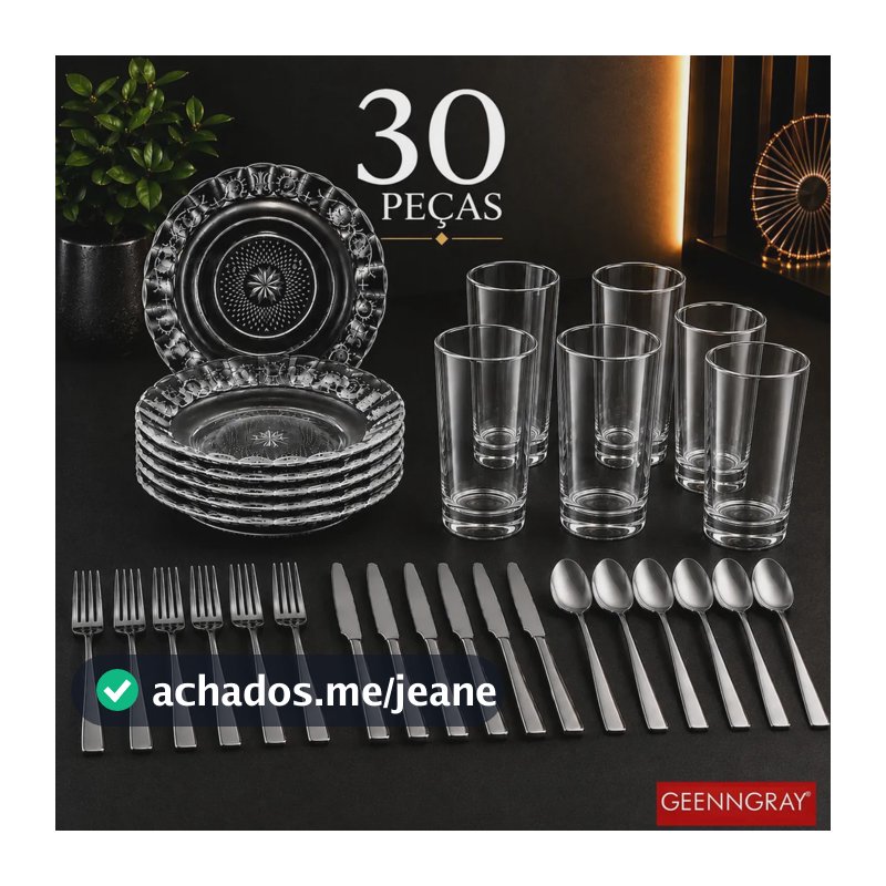 Aparelho Jantar Completo Jogo 30 Peças Pratos Fundos Lisa + Copos Vidro Liso + Talheres Inox Mesa Posta Geenngray
