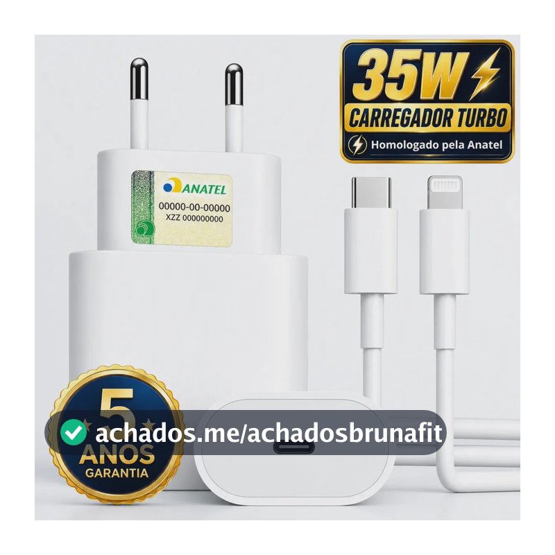 Carregador Turbo 35w Compatível iPhone Usb-c Com Cabo 1m Bivolt Carregamento Turbo Compatível iPhone 7 8 X Xr 11 12 13 14 Branco - Hitech