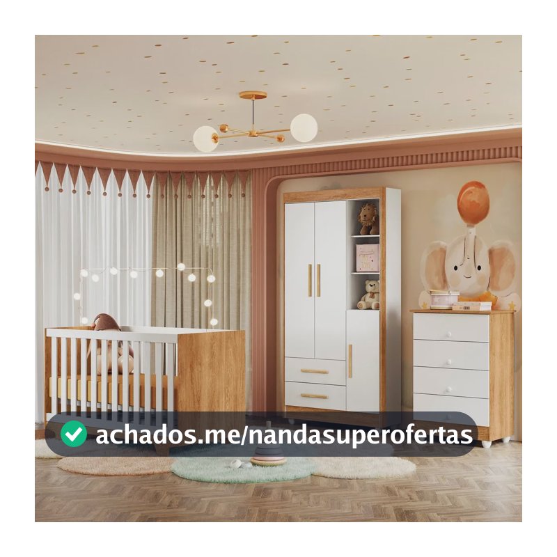 Quarto De Bebê Completo 100% Mdf Com Cômoda Berço E Wt Branco/amadeirado
