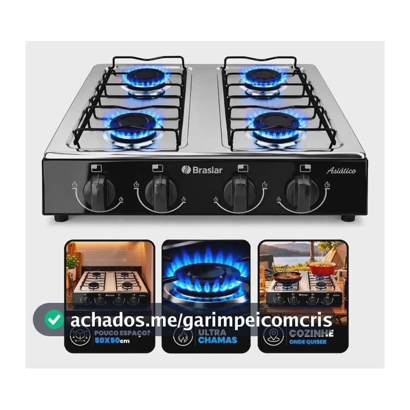 Fogão Cooktop De Mesa Portátil A Gás 4 Bocas Braslar Preto