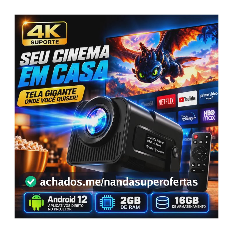 Projetor HY320 390 ANSI Full HD WiFi 6 4K Android Bluetooth 150 Polegadas HDMI USB Controle Remoto Bivolt Portátil Smart TV Cinema em Casa Filmes Séries Jogos Som Integrado Streaming Multimídia