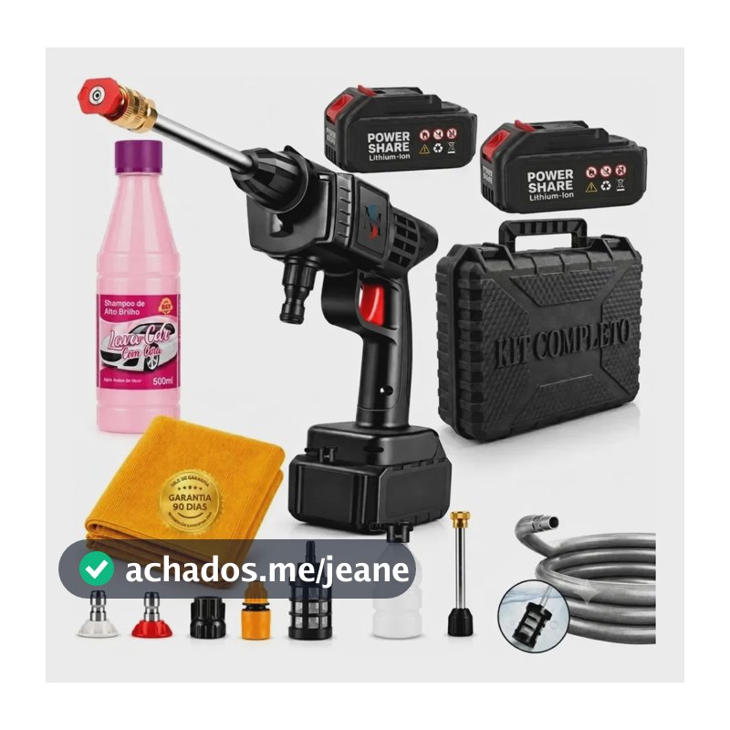 Kit Lavadora Alta Pressão Lava Jato Sem Fio Portátil Bateria Preto 127/220v