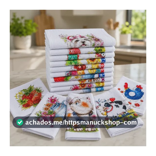 Kit Com 10 Panos De Prato De Algodão Estampado Grande Para Cozinha E Limpeza