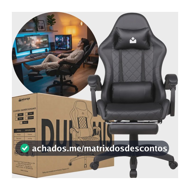 Cadeira De Escritorio Gamer Ergonômica Dunamis Preta Marqs Home Reclinável 180kg Resistente Giratória Confortavel Computador