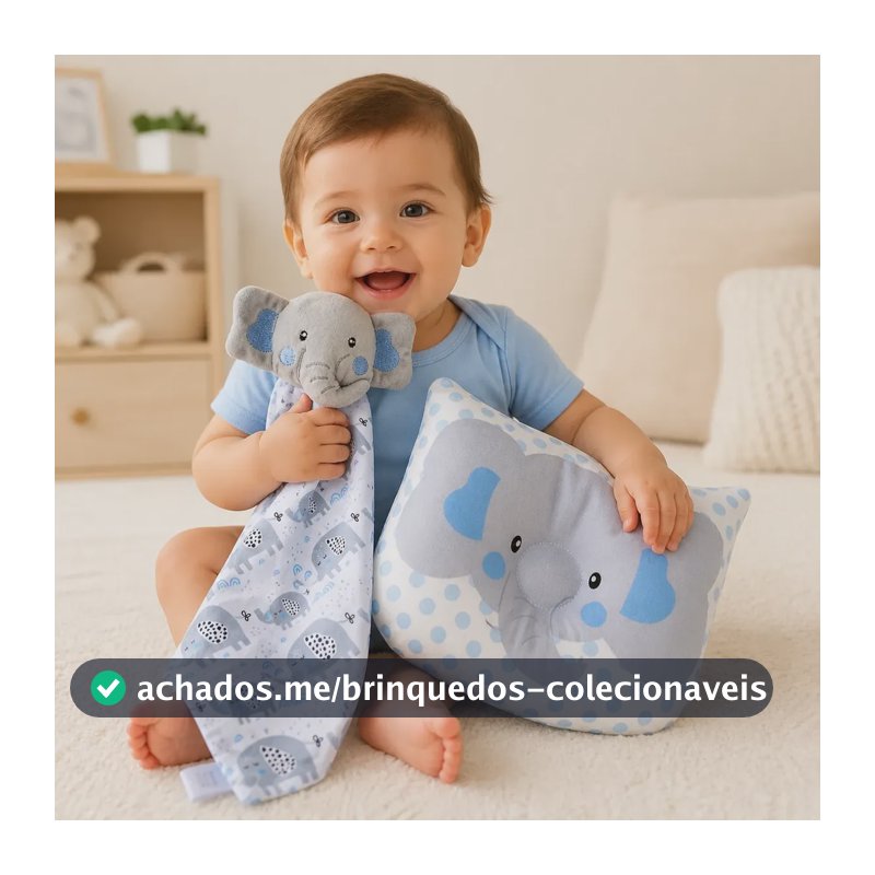Kit Naninha Pelucia + Travesseiro Bebe Anatomico Almofada Elefante Elefante Azul