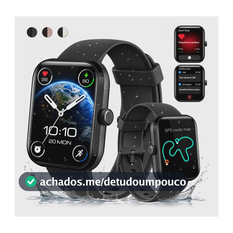 Relógio Inteligente Smartwatch GPS Autônomo Chamadas Bluetooth NOVANTE Moda Digital Feminino Masculino Esportivo Preto IP68 3ATM Agua Tela Hd 1.85 350mAh 10Dias Android IOS Com Monitoramento de saúde