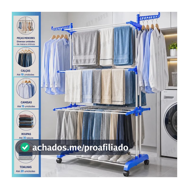 Varal De Chão Grande 3 Andares Retrátil Dobrável Com Rodinhas Roupas Lavanderia Compacto Portátil Cor Azul MARCA: KEY PAPER