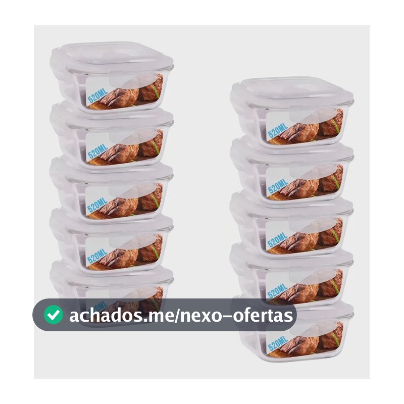 Conjunto 10 Potes De Vidro 520mL Herméticos Quadrados Com Tampa