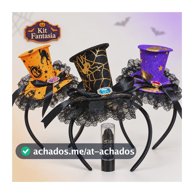 Kit Tiara Chapéu Bruxa Halloween Com Batom Preto Fantasia Aleatória