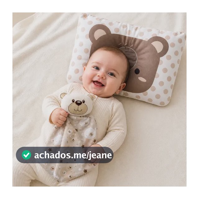 Kit Naninha Pelucia + Travesseiro Bebe Anatomico Almofada Poá Ursinho
